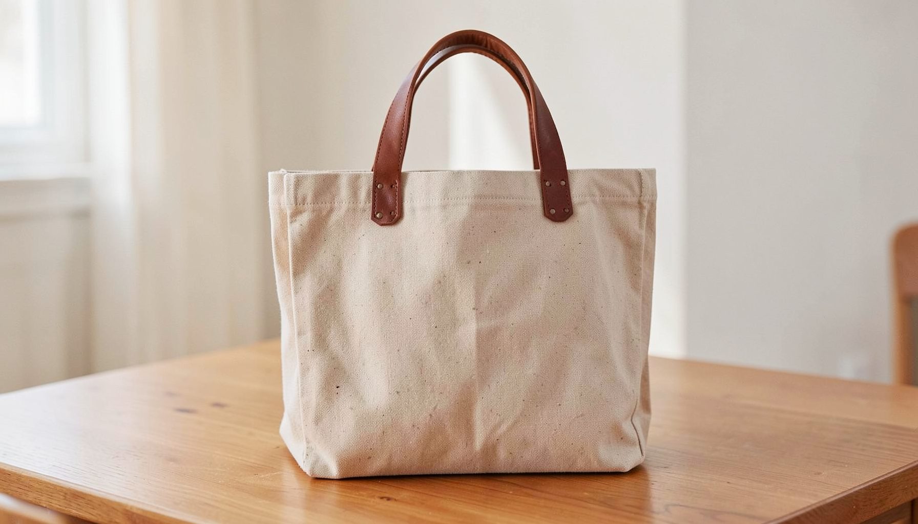 A canvas tote bag in warm beige with brown leather handles resting on a table, styled with a simple, everyday practical mood