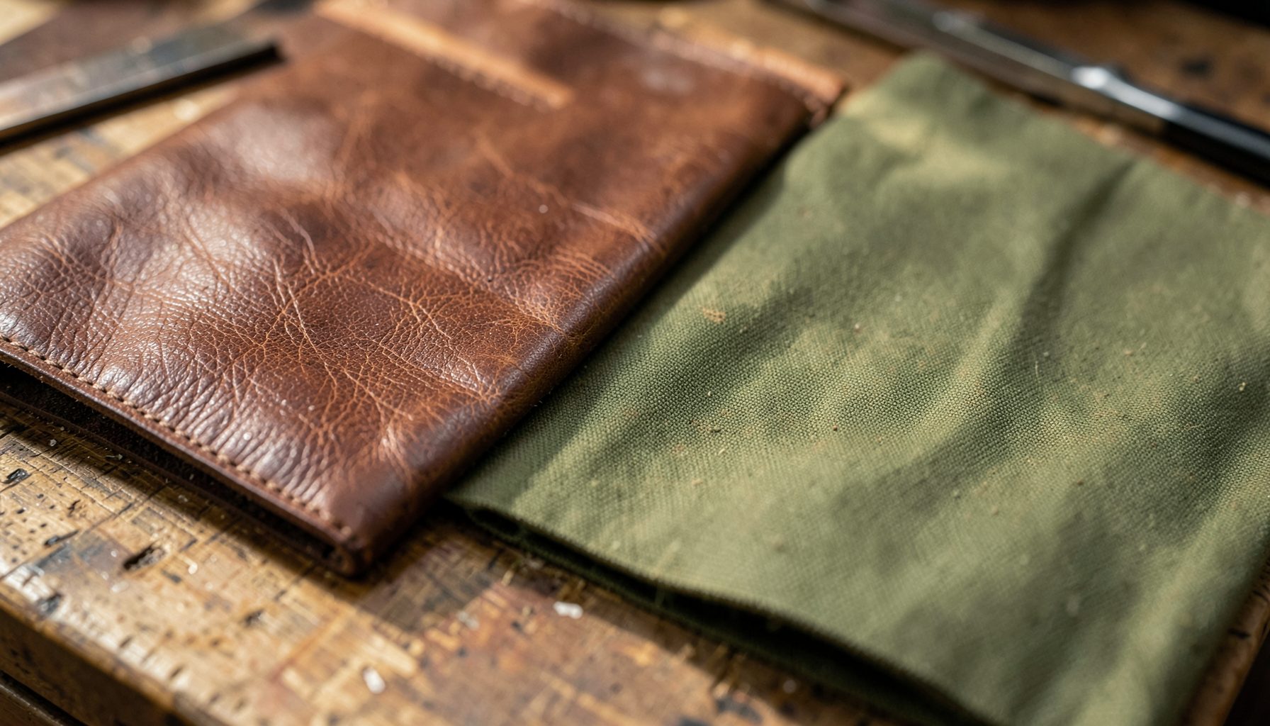 A close-up of richly textured brown Horween leather and olive-green waxed cotton canvas laid side by side on a craftsman's workbench, warm natural light across the grain