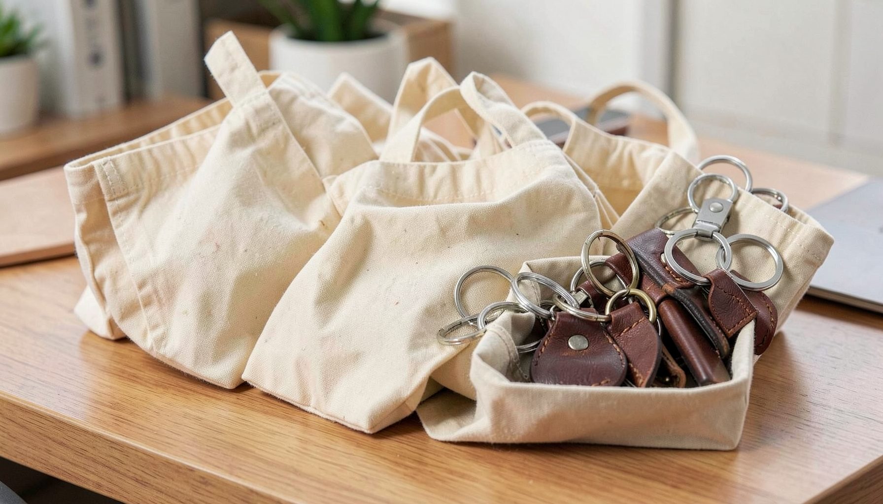 A collection of waxed canvas bags and leather key chains presented as a corporate gift set on a desk