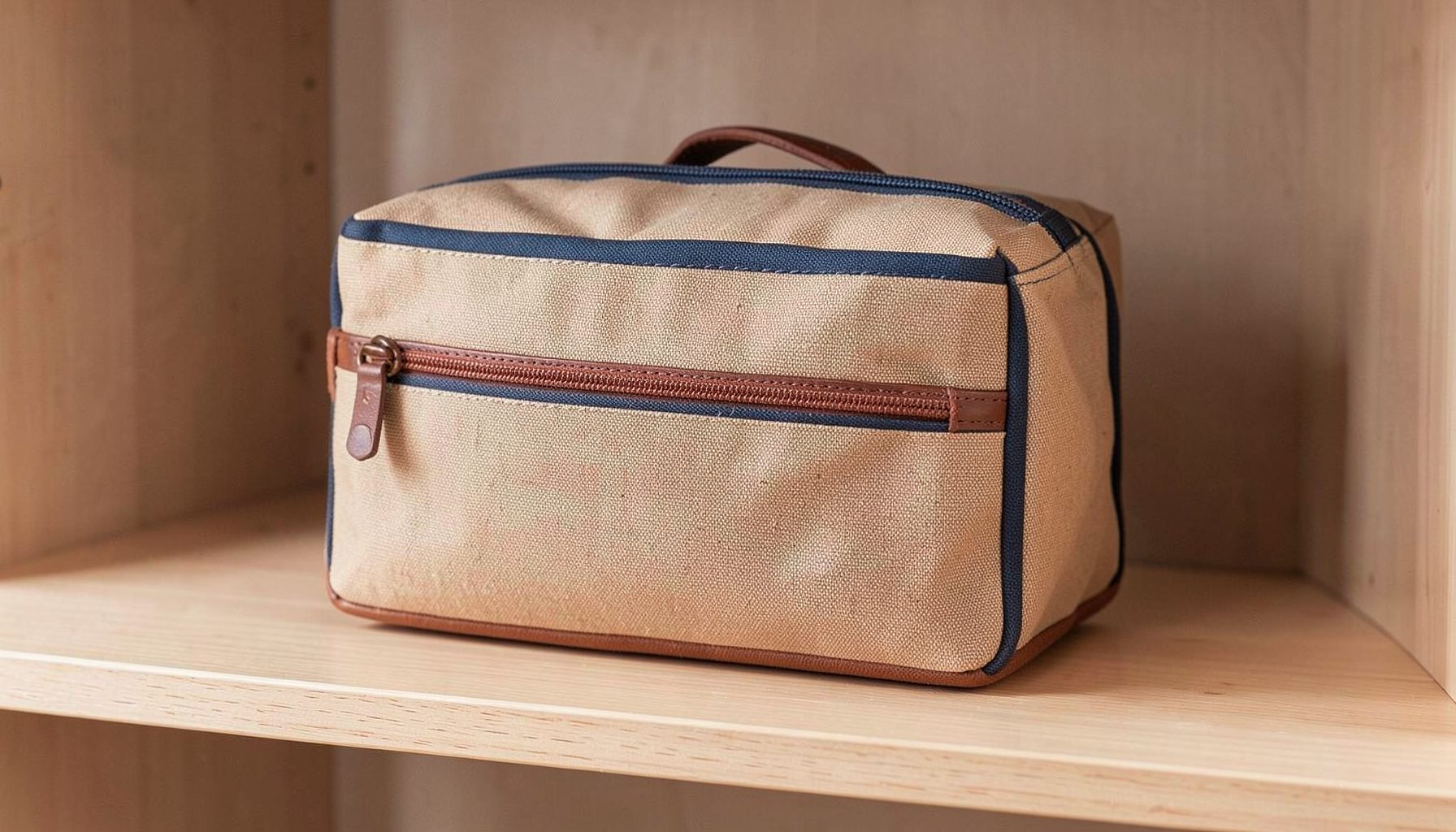 A neatly organized canvas dopp kit in tan and navy colors with leather trim, placed on a light wooden shelf, evoking an organized travel mood