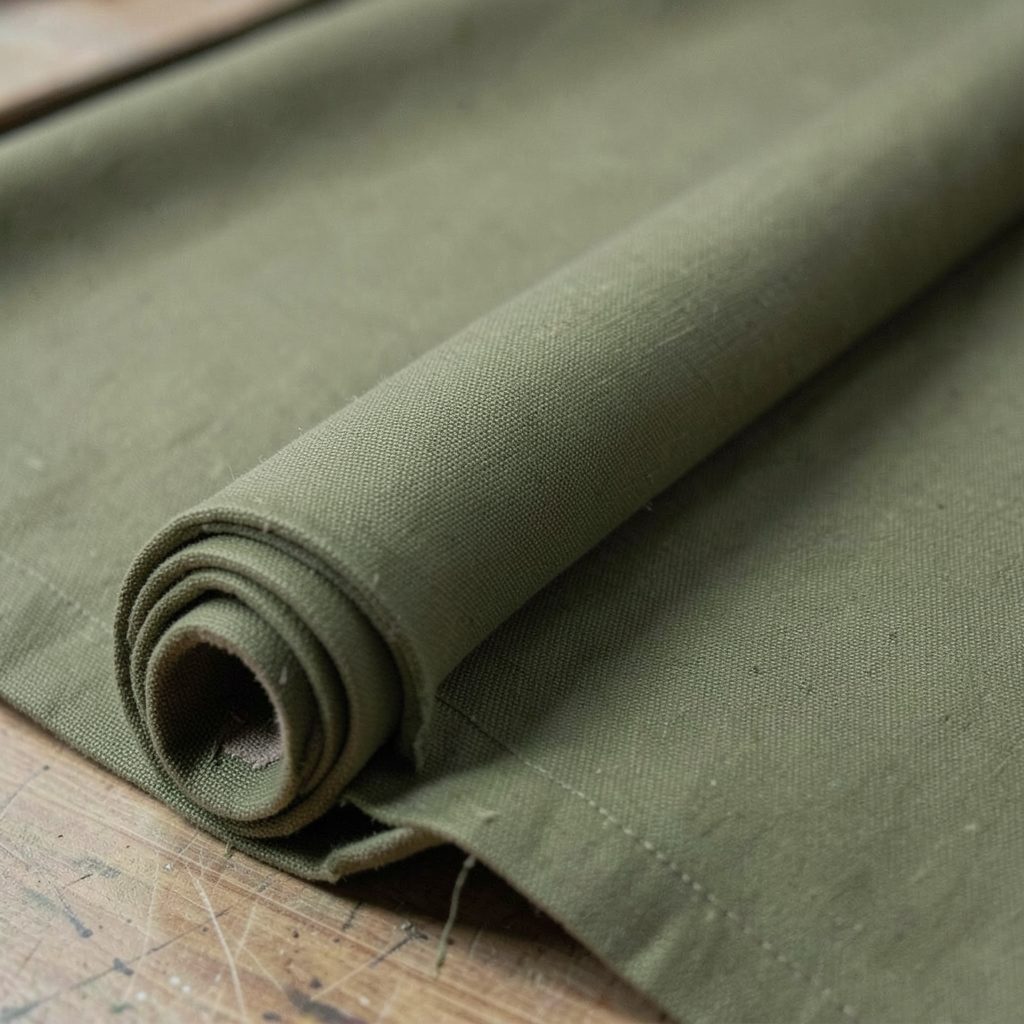 A roll of olive-green waxed cotton canvas with visible weave texture, soft folds catching muted workshop light