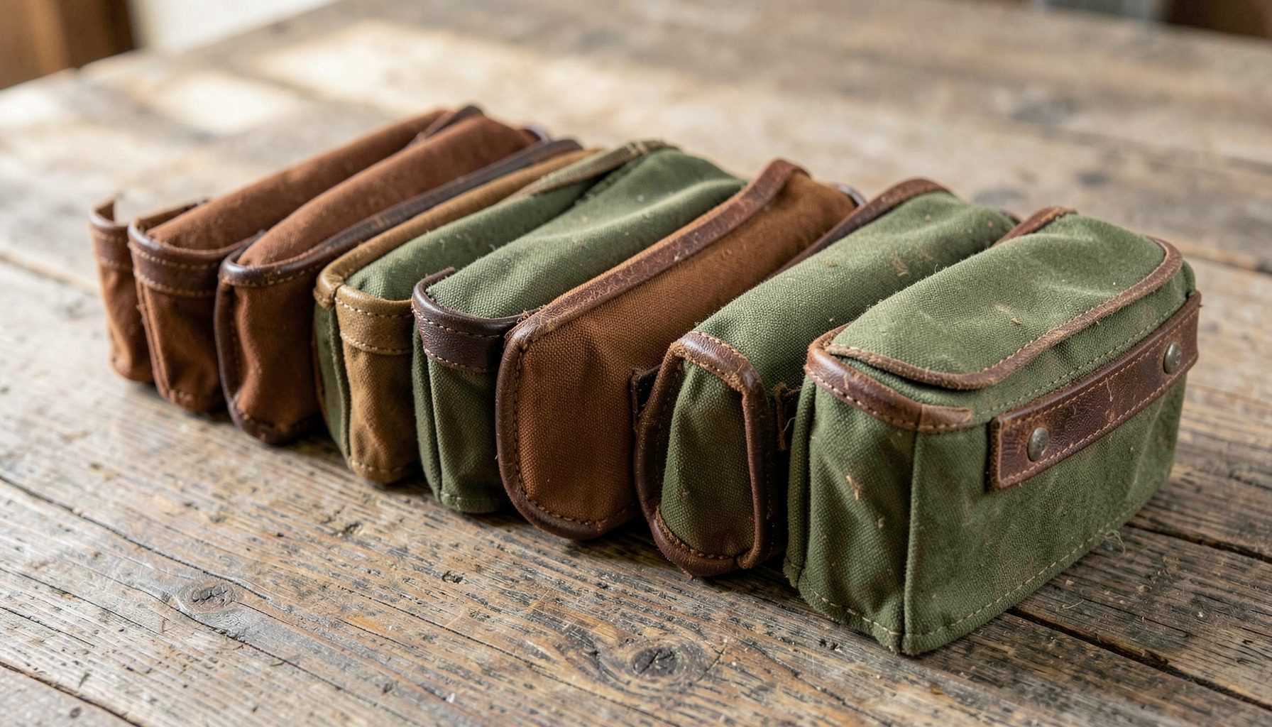 A row of handcrafted waxed canvas dopp kits in warm brown and olive tones, accented with rich Horween leather trim, arranged on a rustic wooden surface with soft natural light.