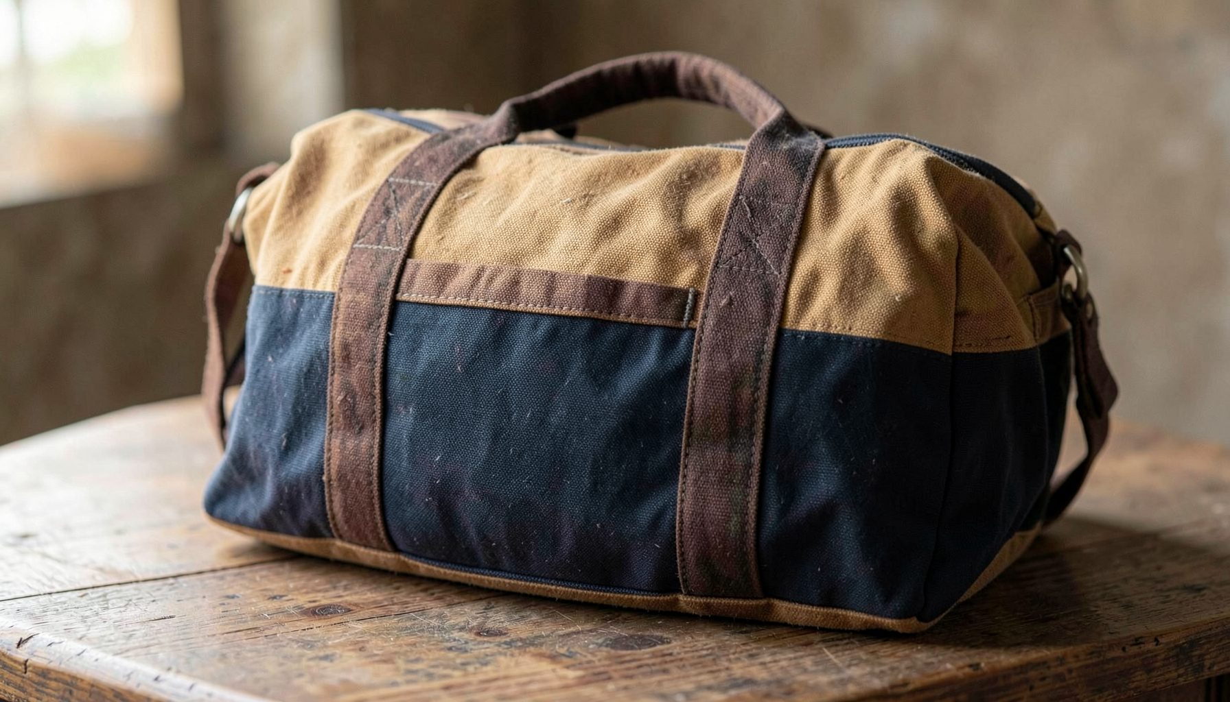 A rugged canvas duffle bag in warm tan and deep navy tones resting on a wooden surface, with soft natural light suggesting travel and craftsmanship