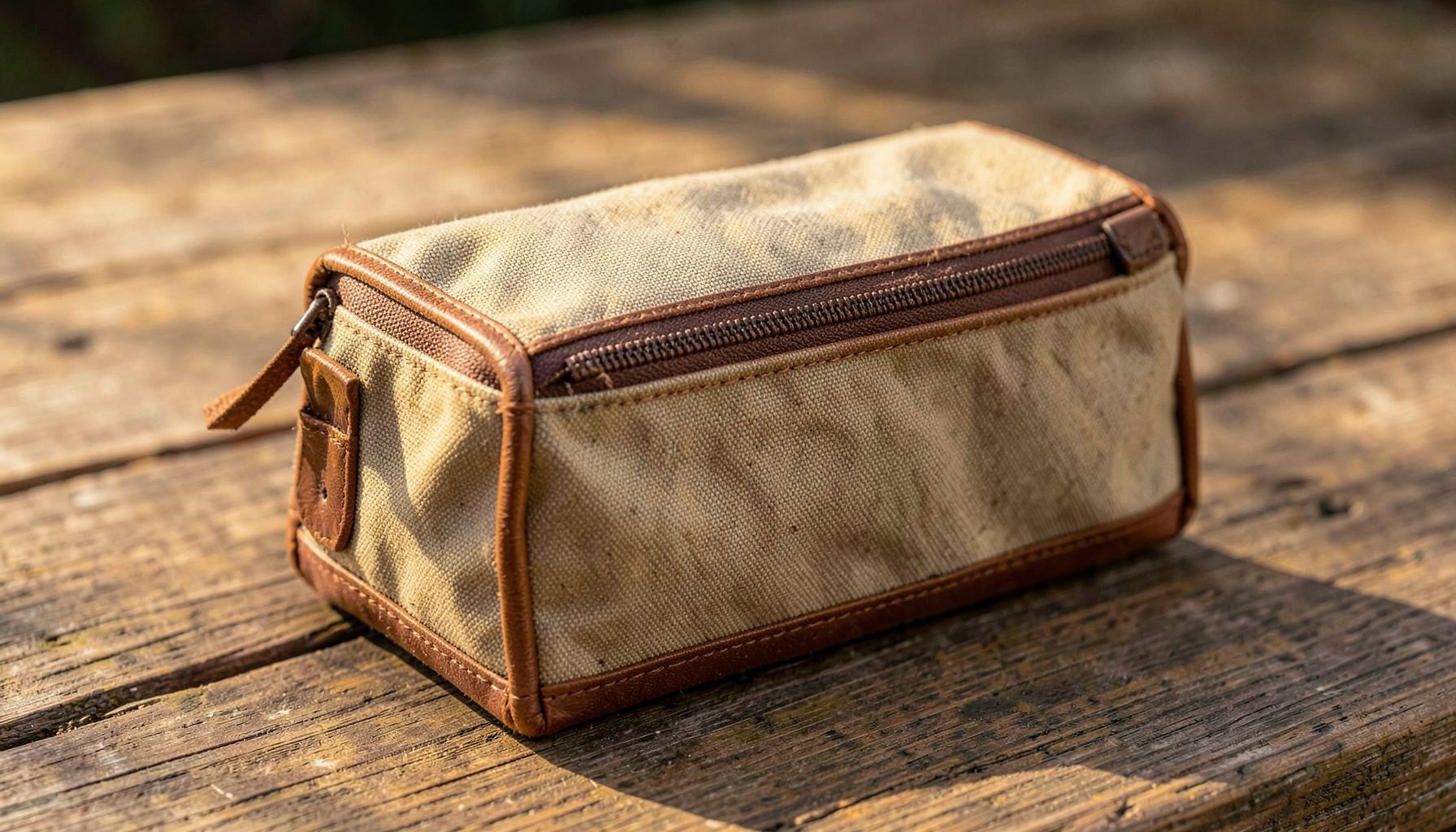 A rugged waxed canvas dopp kit with rich brown leather trim, resting on a wooden surface in warm natural light