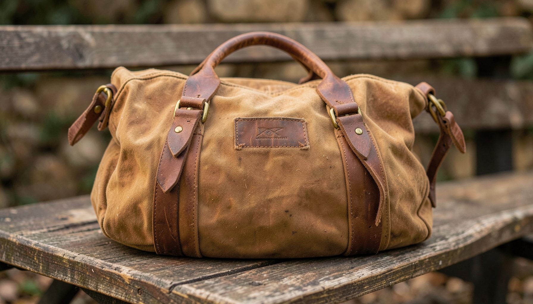 A rugged waxed canvas duffle bag with rich brown leather straps and brass hardware, resting on a wooden bench in soft natural light, warm earthy tones