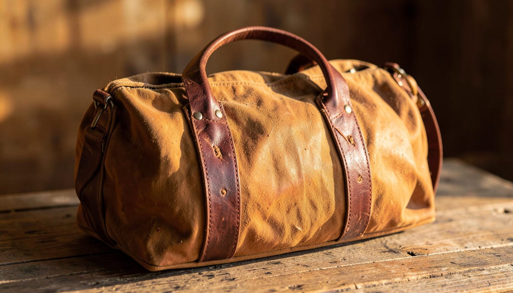 A rugged waxed canvas duffle bag with rich brown leather straps, resting on a wooden surface in warm natural light.