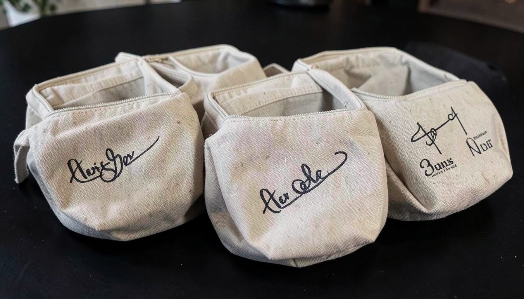 A set of matching waxed canvas dopp kits with personalized monograms, lined up on a dark tabletop