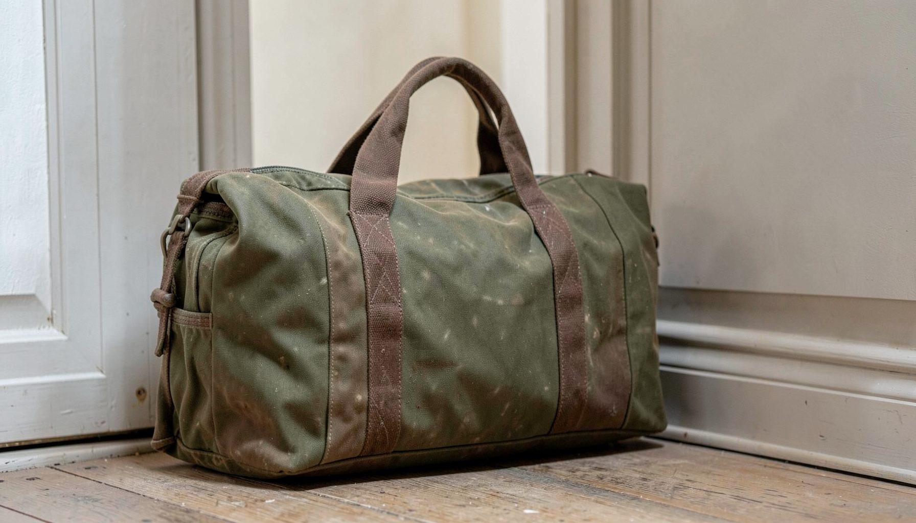 A sturdy waxed canvas duffle bag in olive and brown tones sitting near a doorway, suggesting a calm readiness for travel