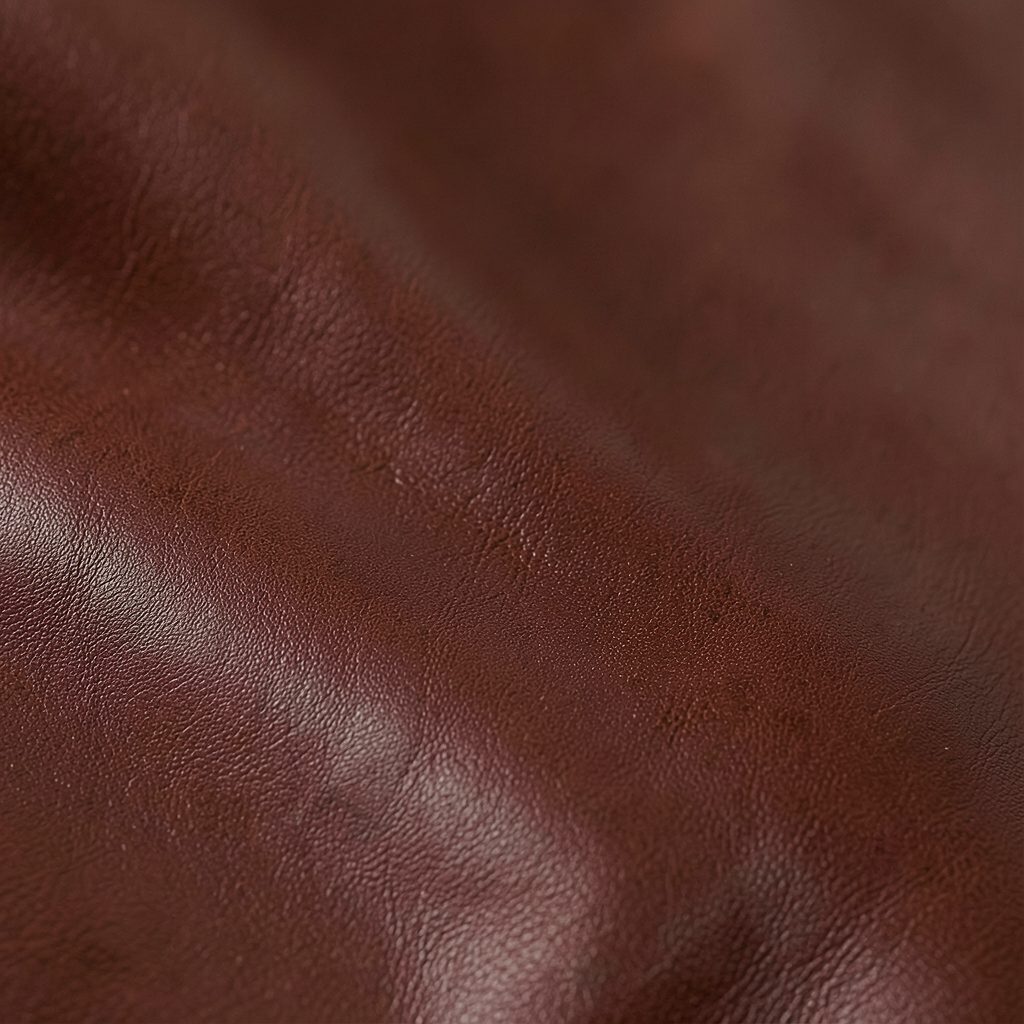 A swatch of Horween Chromexcel leather in deep chestnut brown, showing rich pull-up and a smooth polished surface under soft directional light