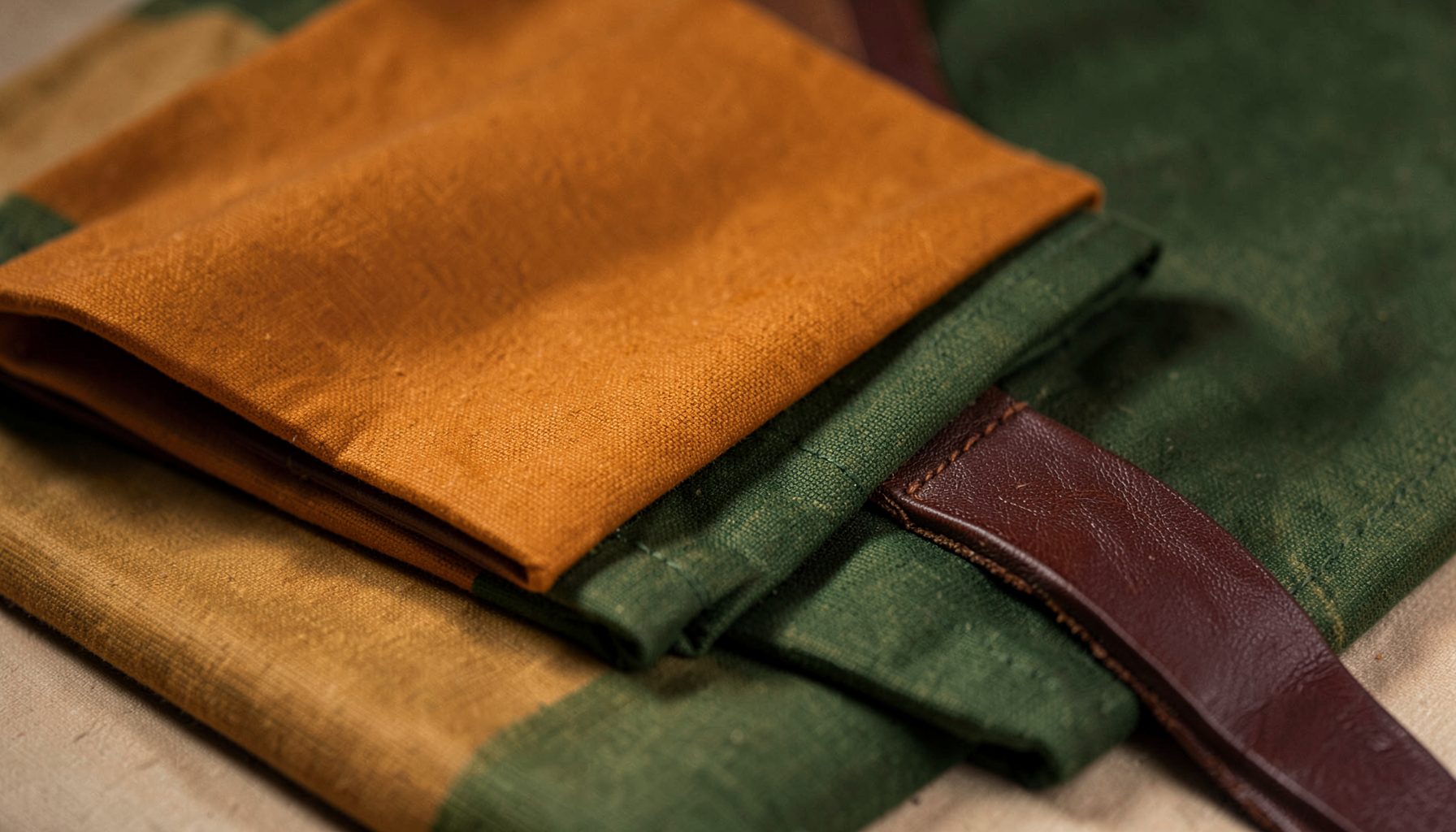 Warm amber and forest-green waxed canvas fabric folded beside a rich brown leather strap, lit softly to feel handcrafted and heritage-inspired